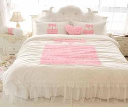 Korean Princess Bedding Sets White 4pcs Ruffles Bedspread Lace Rose Flower Duvet Cover Queen King Bed Skirt Bedclothes Cotton Home3568546