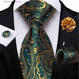 Neck Ties Neck Ties Green and Gold Paisley Mens Silk Tie Brooch Pin Handle Cufflinks Business Wedding Party Set Groom Accessories Gift Y240325