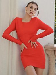 Casual Dresses Women Celebrity Sexy Long Sleeve Red O Neck Mini Bodycon Bandage Dress 2024 Elegant Evening Club Party