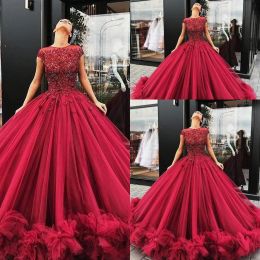 Prom Dresses Dark Red Cap Sleeves Illusion Crystal Beaded Tulle Ruffles Plus Size Evening Dress Wear Party Pageant Quinceanera Gowns