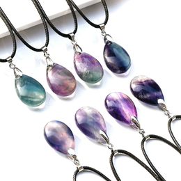 Natural Colourful Purple Green Fluorite Water Drop Stone Pendant Necklace for Women Party Jewellery Gift 16x25mm