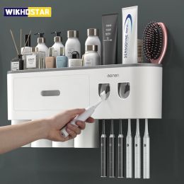 Holders WIKHOSTEAR Wall mounted Toothbrush Holder Magnetic Adsorption Inverted Toothpaste Squeezer Double Automatic Toothpaste Dispenser
