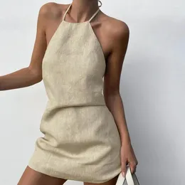 Casual Dresses Cotton Linen Womens Sexy Halter Sleeveless Holiday Beach Sundress Summer For Women 2024 Vestidos Open Back Dress