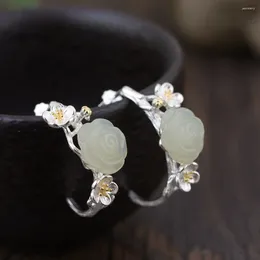 Stud Earrings FNJ Flower 925 Silver Fine Pure S925 Sterling Earring For Women Jewellery Natural Rose Jade