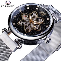 Forsining Top Brand Luxury Diamond Women Watches Mechanical Automatic Female Watches Waterproof Fashion Mesh Design Clock200R