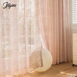 Curtains French Window Sheer Curtainf for Living Room Balcony Transparent Tulle Curtain for Kitchen Bedroom Decoration Long Pink Panel