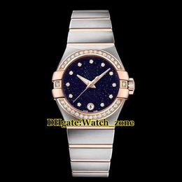 27mm Dream Blue Starry Sky Dial Swiss Quartz Womens Watch Diamond Bezel Two Tone Rose Gold Stainless steel Band Fashion Lady Watch305P