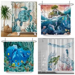 Curtains Underwater World Bathroom Shower Curtain Sea Turtle Dolphin Ocean Creature Landscape s Waterproof