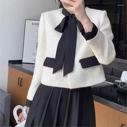 Work Dresses Women's Small Fragrant Bow Coarse Tweed Suit Skirt Set Retro Contrasting Lace Up Wool Jacket Pleated Two-piece