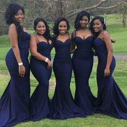 Strap Spaghetti African Elegant Mermaid Bridesmaid Dresses Sexy Sweetheart Sweep Train Satin Long Wedding Party Dress