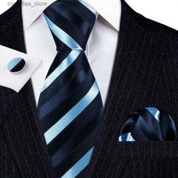 Neck Ties Neck Ties 70Pcs Fashion Luxury Navy Striped 100% Silk Tie Gifts For Men Suit Wedding Tie Barry.Wang NeckTies Hanky Set Business LN-5705 Y240325