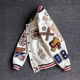 Y2K Baseball Uniform Jackets retro trend leather jacket Multiletter embroidery white short coat Mens spring and autumn 240320