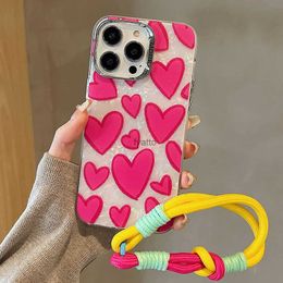 Cell Phone Cases Korea Cute Heart Strawberry Radish Rabbit Phone Case For iphone 15 14 13 Pro Max Fluorescent Hand Straps Short Rope Soft Cover H240326