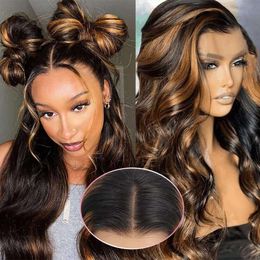 28 Inch Highlighted Front Glueless Wigs Plucked Baby 13x4 Pre Cut HD Lace 150% Density Wear and Go Black with Blonde Highlights Human Hair Wig