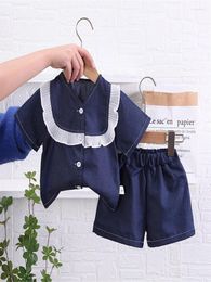 Clothing Sets Summer Children's Wear Girl's Korean Edition Western Style Denim Short Sleeved Shorts Two Piece Set With Lace Collar Shirt T