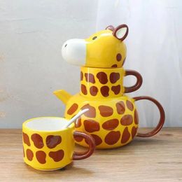 Mugs Creative Ceramics 3D Animals Coffee Sets Spoons With Covers Cups Giraffe Cartoon Couples Cup Tea