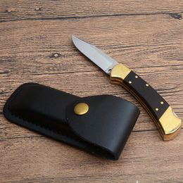 Classic 112 AUTO Tactical Folding Knife 440C Satin Blade Ebony/Brass Head Handle EDC Pocket Knives With Leather Sheath