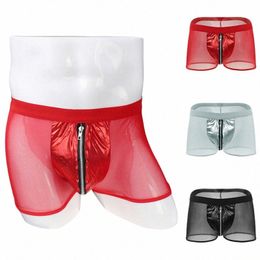 men Transparent Mesh Boxers Sexy Panties with Zipper PU Leather Shorts Men Brief Fetish Stripper Erotic Lingerie Open Underpants a1OZ#