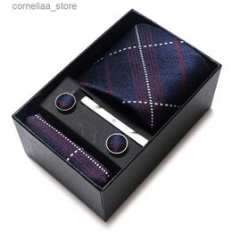 Neck Ties Neck Ties Wholesale 2023 New Style Party Cravat Gift Tie Pocket Squares Set Necktie Box Men Blue Plaid Suit Accessories Fit Wedding Y240325