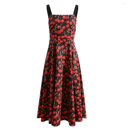 Casual Dresses JAMERARY Fashion Runway Red Cherry Dress For Women Summer Straps A Line Holiday Vacation Beach Midi Long Lady