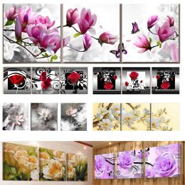 Stitch 3 Pieces Flower Diamond Painting Colorful Floral Series Rose Orchid Lotus Tulip Triptych 5d Embroidery Mosaic Full Square/Round