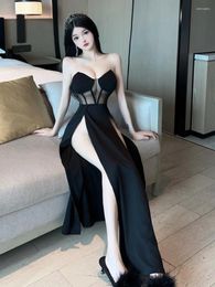 Casual Dresses WOMENGAGA Mesh Sheer Transparent Sexy Spicy Girl Strap Splice Split Dress Elegant Fashion Sweet 2024 Robe O319