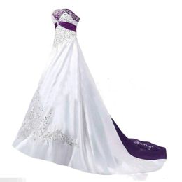 Embroidery A Line Wedding Dresses White and Purple Satin Long Bridal Gowns Corset Strapless Sleeveless Bride Dress Custom Made