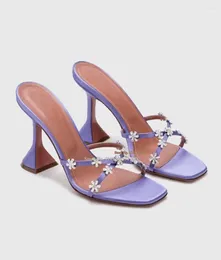 Sandals Purple Flower Crystal Cross Straps Slip On High Heel Slippers Heeled Glitter Women Chunky Summer Party Shoes