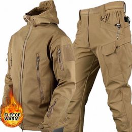 men's Military Outdoor Windproof Waterproof Suit Multi-Pocket Soft Shell Hooded Jackets Sharkskin Work Pants Tactical Winter Set Y9KH#