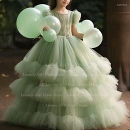 Girl Dresses Light Green Tulle Ball Gown Tiered Puff Sleeve Flower For Wedding Communion Party Pageant Clothes Hand Made FL4-2.1