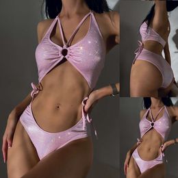 New One-piece with Lace Up Hollow Out Bikini Pink Hot Stamping Swimsuit Bikini2023