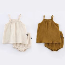 Summer Baby Girls Outfit Set Sling Sleeveless Organic Cotton Clothes Girl 0 To 12 Months Solid Colour 2pcs Child 240314