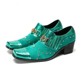 Handmade Luxury Leather Shoes Men Blue Rivets 6.5cm High Heels Slip on Business, Party, Wedding Shoes for Men, US6-US12