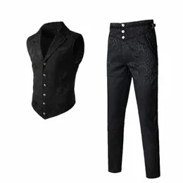 gothic Vest Pants Combinati, Halen Men's Suit Vest Pants, Steampunk Victorian Stage Pantal Performance Style Waistcoat h8A3#