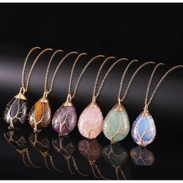 Pendant Necklaces Natural Crystal Gold Sier Tree Of Life Waterdop Shape Reiki Polished Mineral Jewelry Healing Stone For Men Women Dro Oty5N