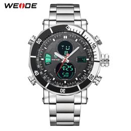 WEIDE Mens Quartz Digital Sports Auto Date Back Light Alarm Repeater Multiple Time Zones Stainless Steel Band Clock Wrist Watch296E