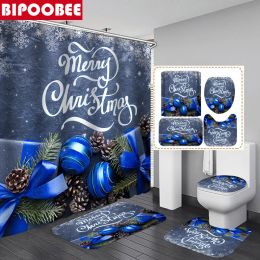 Curtains Merry Christmas Bathroom Curtains Toilet Cover Blue Ribbon Gift Box Bell Printed Shower Curtain Nonslip Rug Pedestal Bath Mat