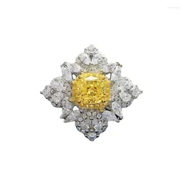 Cluster Rings S925 Silver Ring 1 Fat Square 6 Yellow Diamond Women's Instagram Fashion