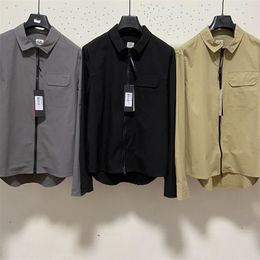 2024 010t Lens logo company men t shirts casual male gabardine garment dyed utility shirt long sleeve t-shirts zipper tops size M-XXL black grey khaki high quality