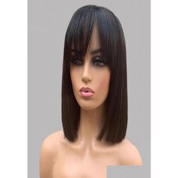 Synthetic Wigs 13X4 Straight Bob Fringe Wig With Bangs Short Lace Front Human Hair Remy Brazilian 130 150 Density Middle Ratio Bleache Dhys4