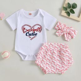 Clothing Sets 3Pcs Set Baby Girl Baseball Outfits Short Sleeve Romper With Heart Print Shorts Headband Lovely Baby's