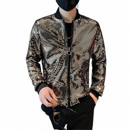 2023 Spring Summer Men's Zip Up Mermaid Sequin Lightweight Shiny Clubwear Bomber Jacket Men Party Nightclub Coats y3XU#