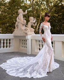 Elegant Appliques Lace Illusion Neck Mermaid Wedding Dress Full Sleeves Stunning Train Trumpet Bridal Gowns With Floral Prints