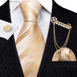 Neck Ties Neck Ties Gold Yellow Silk Mens Tie Hanky Cufflinks Brooch Set 30 Pattern Jacquard Necktie Collar Pin For Male Wedding Business Barry.Wang Y240325