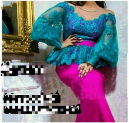 2017 Colourful Prom Dresses Blue Fuchsia with Belt and Peplum Sheer Crew Neckline And Poet Sheer Long Sleeves Evening Gowns8465203