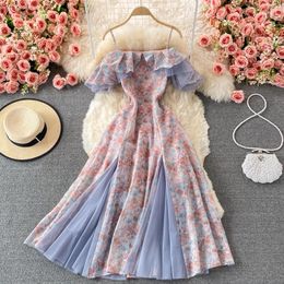 Casual Dresses Summer Elegant Chiffon Floral Strap Dress Women's Mesh Stitching Strapless Mixi Holiday Ladies Vestidos Female Robe