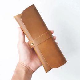 100 Leather Pencil Case Mens Retro Pen Bag Student Largecapacity Stationery Storage Cowhide Glasses Box Wholesale 240311