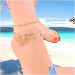 Anklets Two Layer Butterfly Flower Charms Anklet For Women Gold/Sier Colour O Chains Ankle Chain Summer Beach Simple Foot Jewellery Drop Ot9Nl