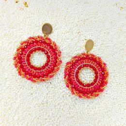 Dangle Earrings Rice Bead Hollow Out Roundness Fashion Crystal Geometry Hand Knitting Bohemia Red Alloy Simple Beaded