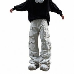 street Popular White Multi-pocket Overalls Men's Harajuku Style Loose Casual Trousers Straight Mop Pants Autumn New 2022 U5BZ#